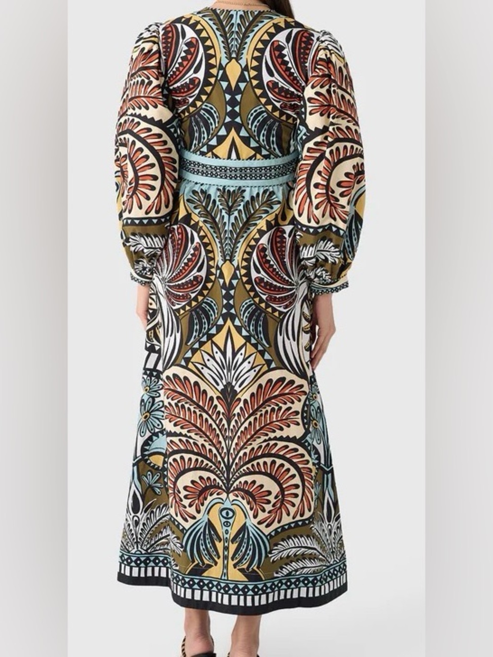 FARM Rio Warm Blue /Tan Multi Long Volume Sleeve Maxi Dress: Small - Picture 4 of 16